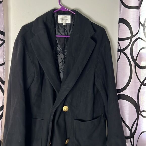 Moussy Vintage Black Trench Overcoat Size Small with Nautical Gold Buttons - Picture 6 of 13